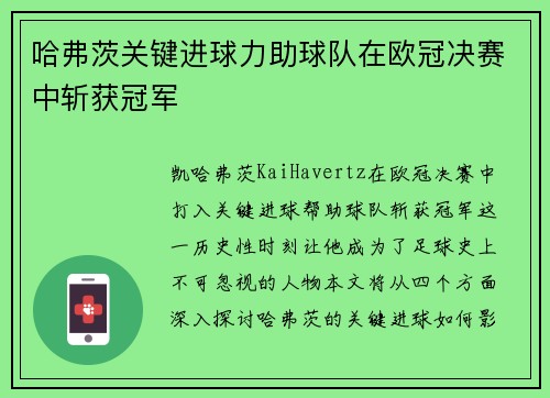 哈弗茨关键进球力助球队在欧冠决赛中斩获冠军
